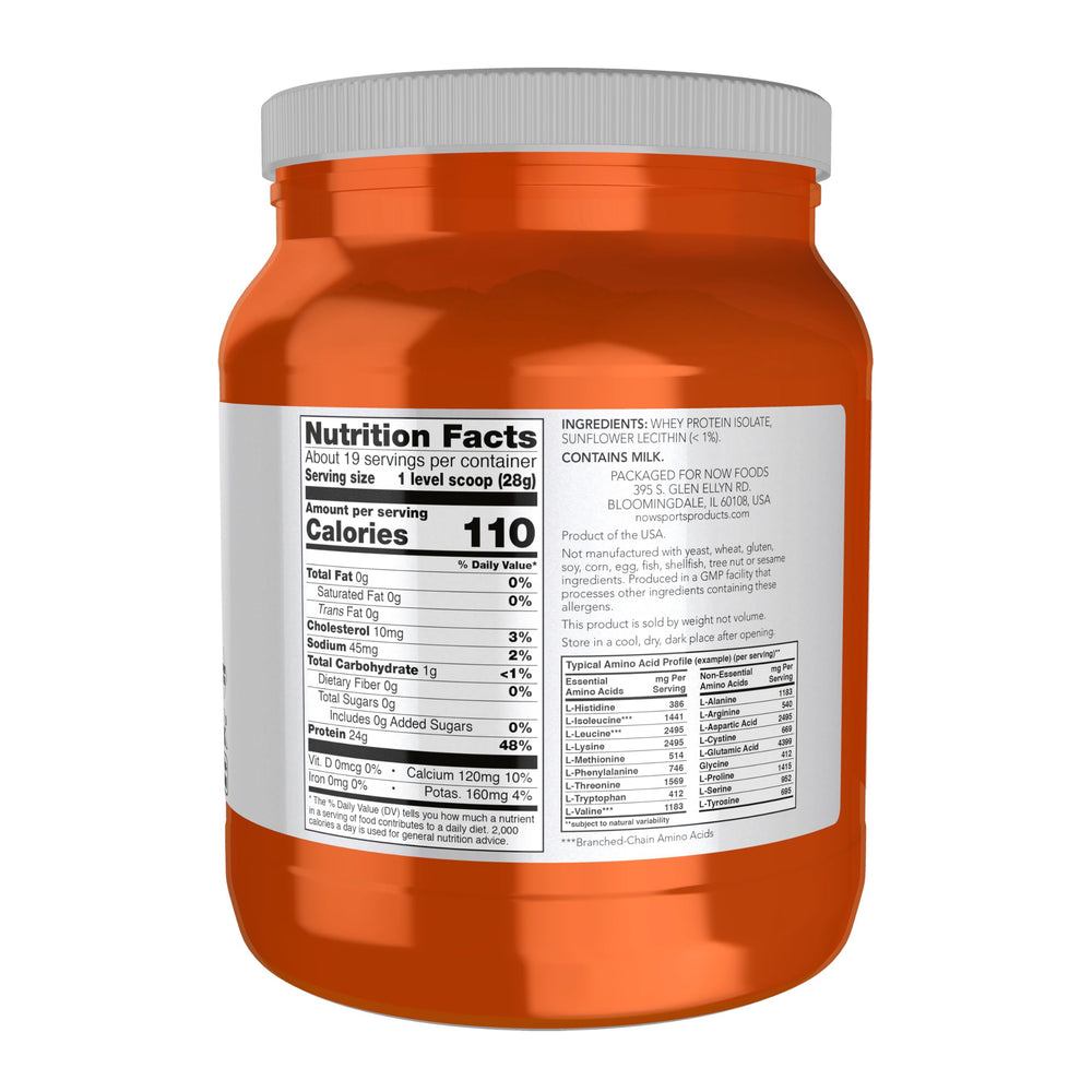 NOW Foods Whey Protein Isolate scoop shows precise measurement for portions.