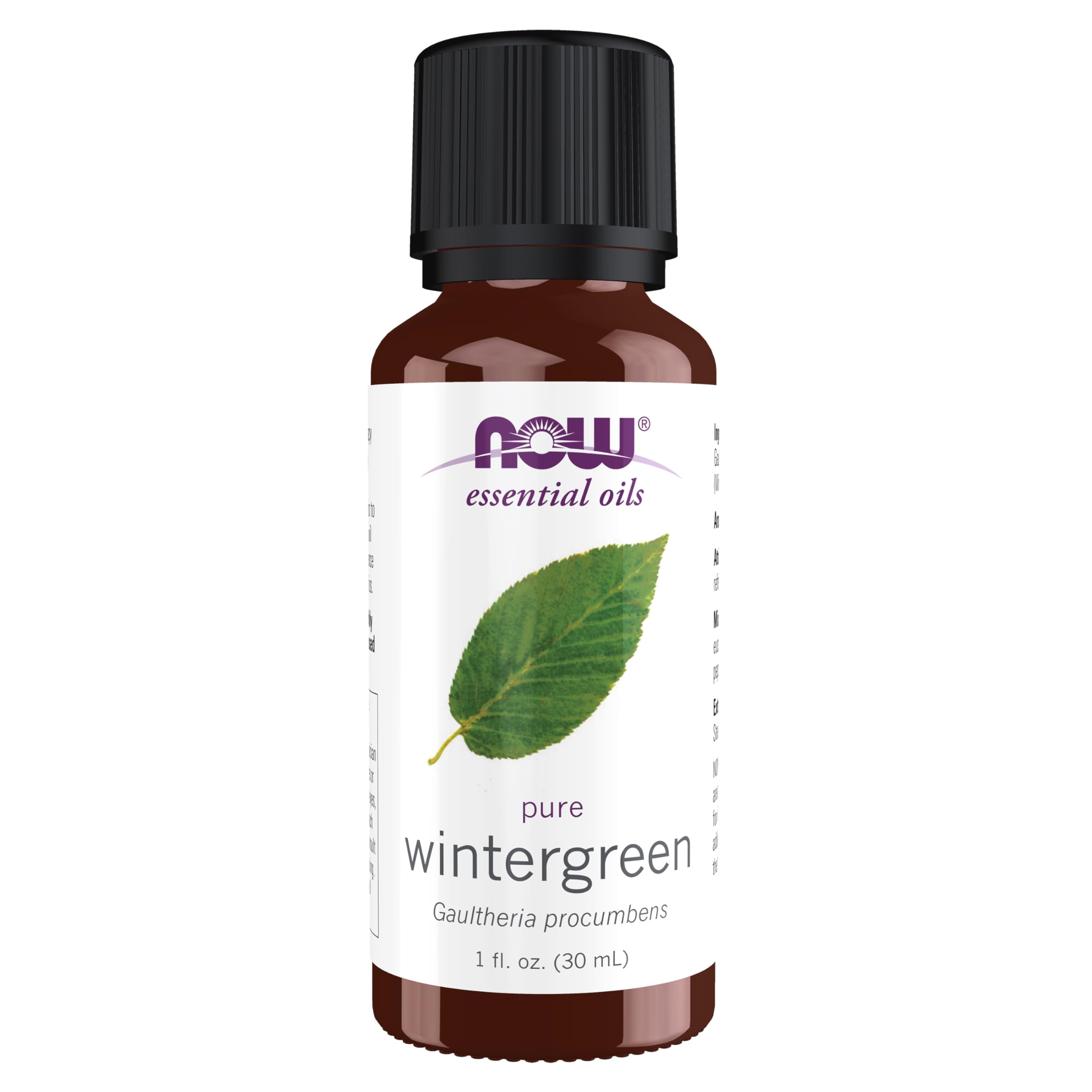 NOW Foods Wintergreen Oil bottle close-up highlighting purity for aromatherapy use