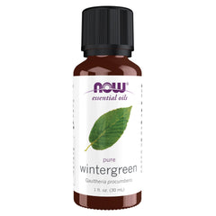 NOW Foods Wintergreen Oil bottle close-up highlighting purity for aromatherapy use