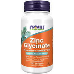 NOW Foods zinc glycinate pumpkin-seed-oil bottle supports daily mineral balance.