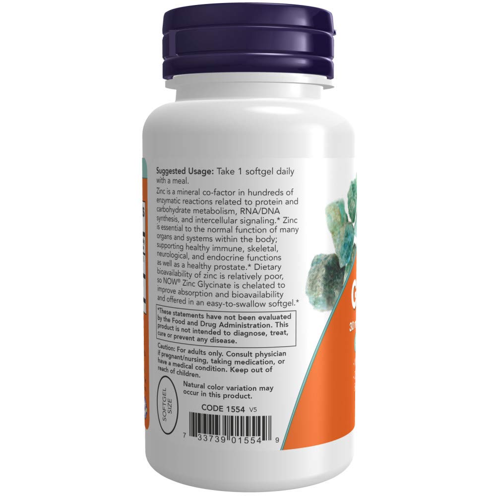 NOW Foods zinc glycinate pumpkin-seed-oil ingredients label highlights quality formulation.