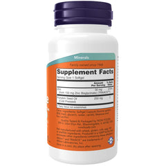 NOW Foods zinc glycinate softgels closeup shows easy-to-swallow capsules.