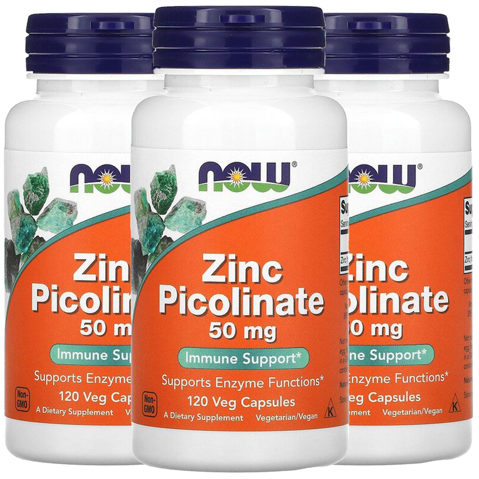 NOW Foods Zinc Picolinate 50 mg bottle pour illustrating daily supplement use for enzyme function support.