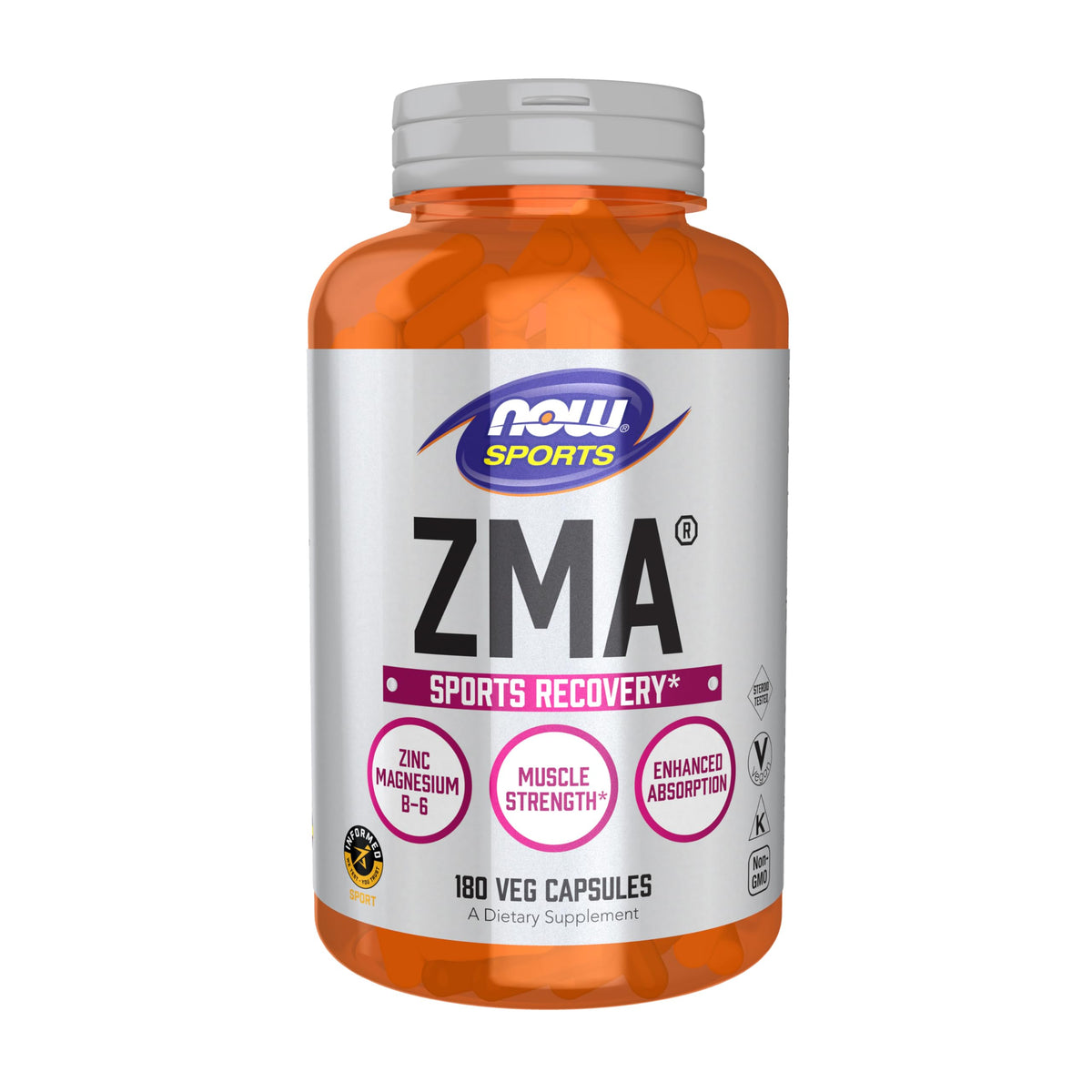 NOW Foods ZMA bottle close-up showing capsules for post-workout mineral support