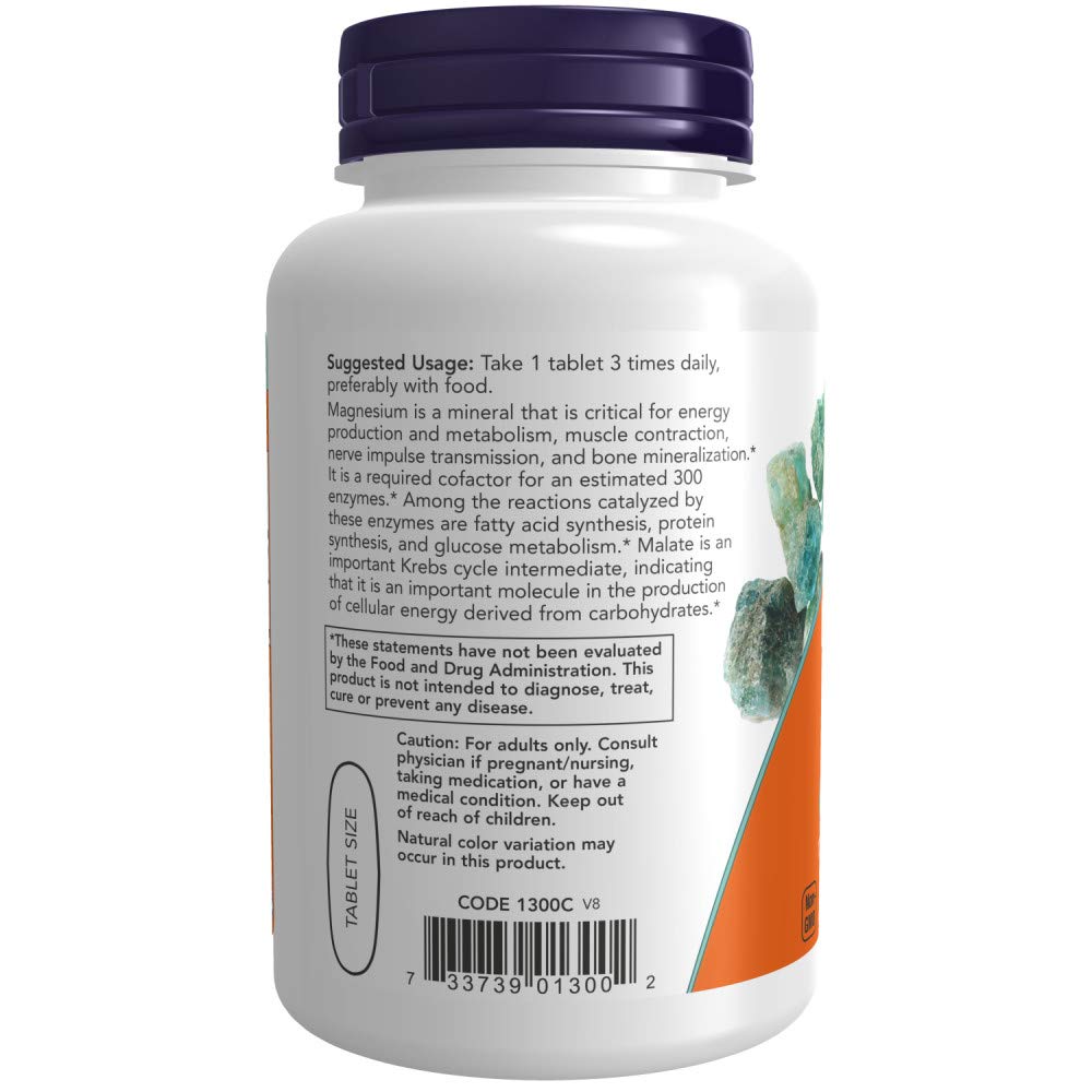 NOW Magnesium Malate packaging front highlighting branding and US-made production.