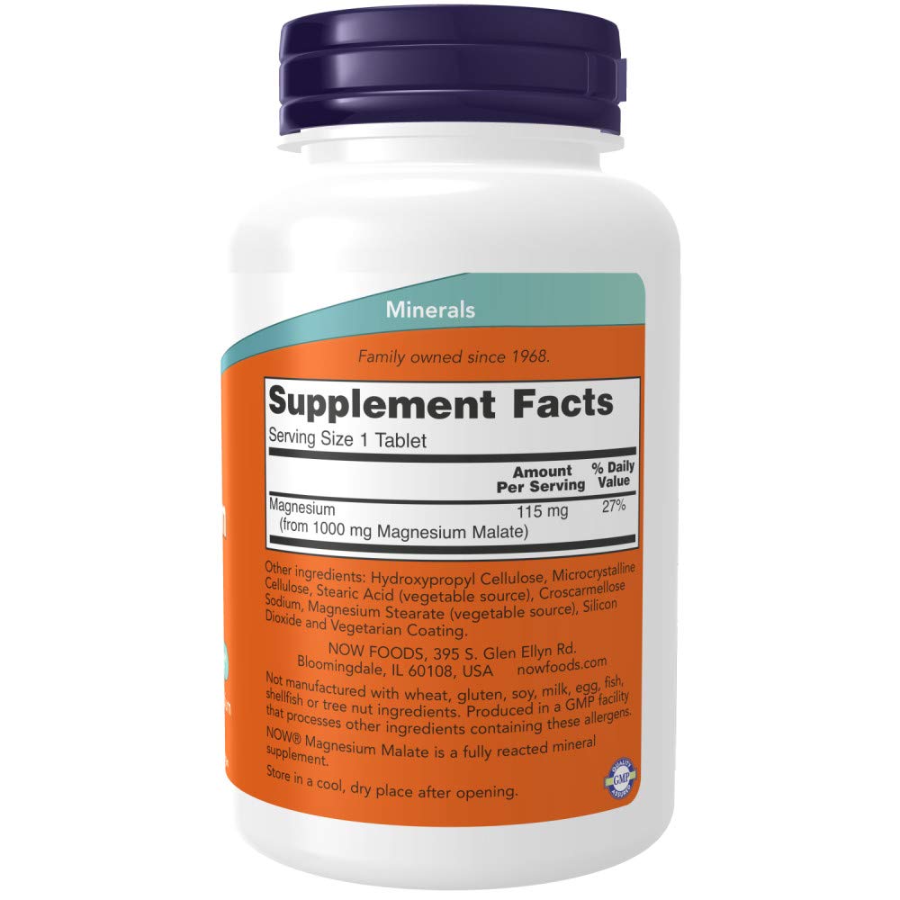 NOW Magnesium Malate tablets close-up emphasizing 1000 mg per tablet and mineral balance.