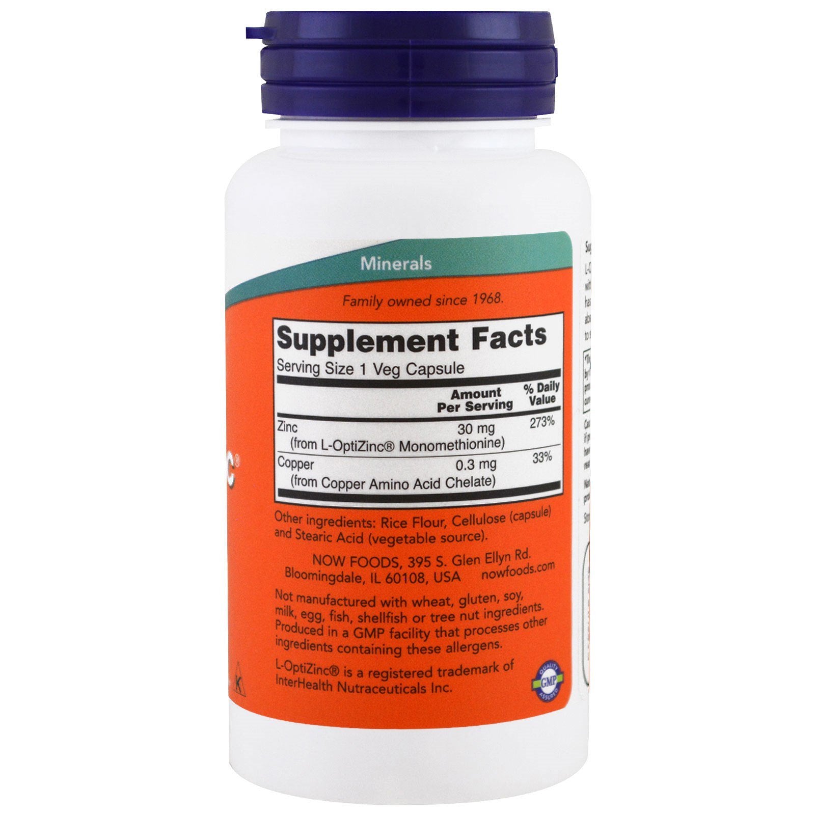NOW Opti-L-Zinc capsules close-up on label; patented absorption formula.