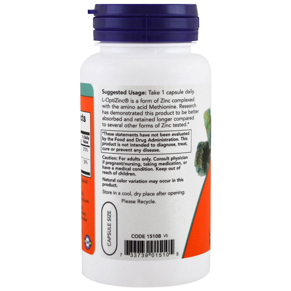 NOW Opti-L-Zinc with copper trace mineral; supports antioxidant protection.