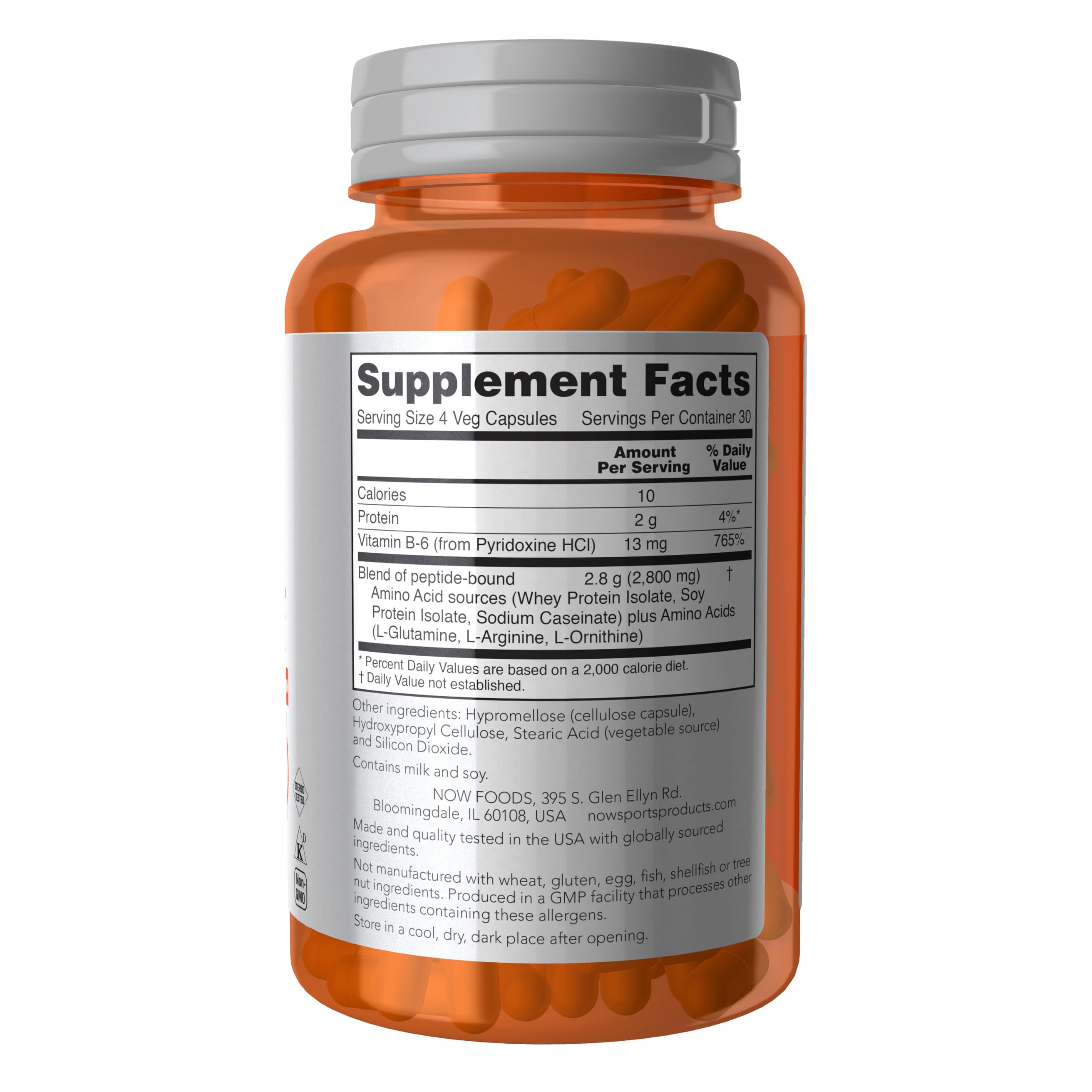 NOW Foods Amino Complete bottle back displaying ingredients and quality standards for athletes.