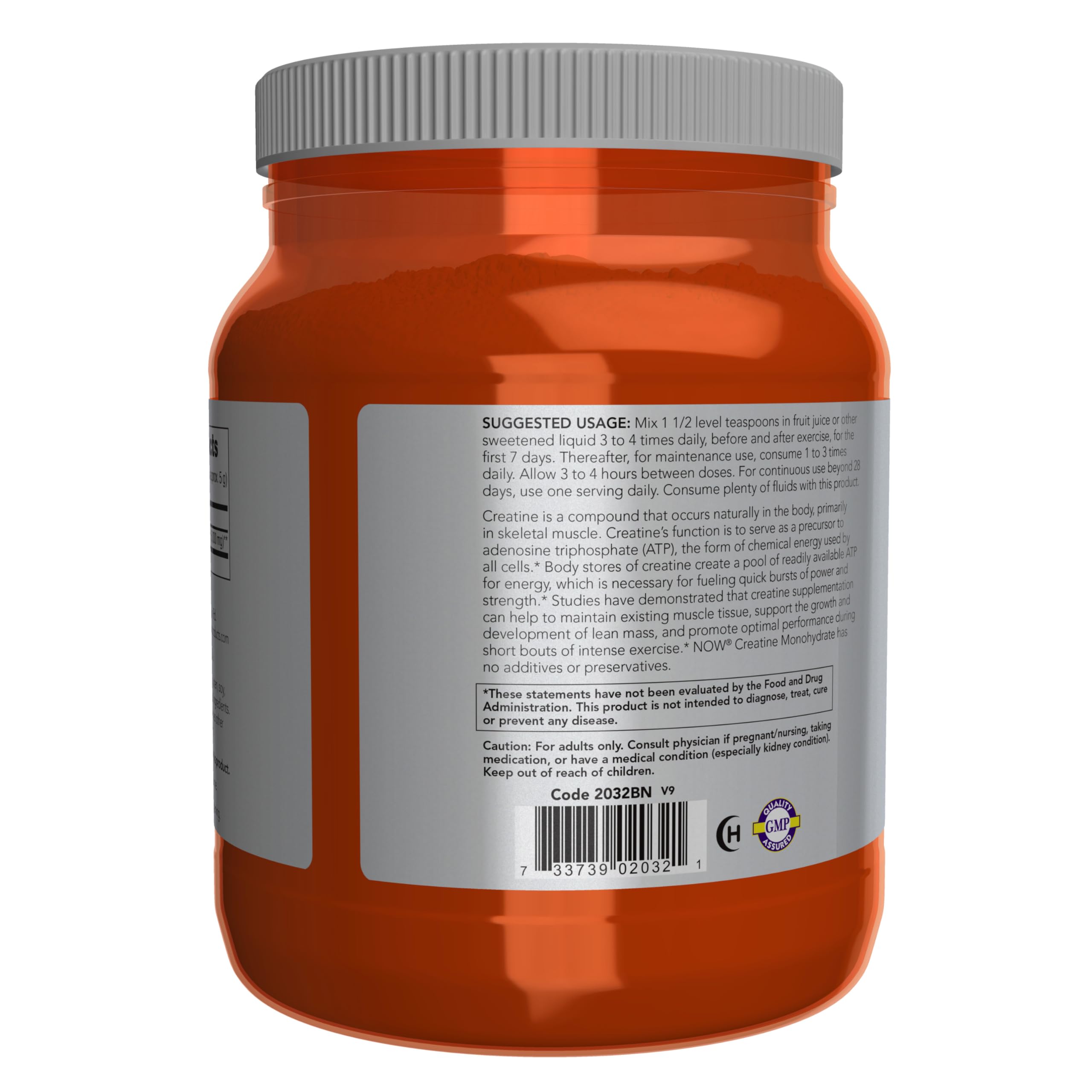 NOW Foods Creatine Monohydrate powder label showing quality certifications.