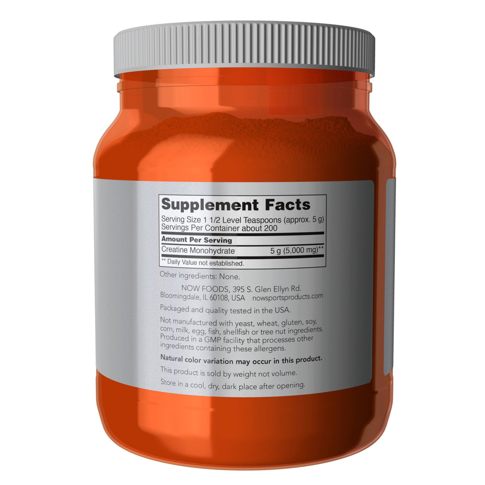 NOW Foods Creatine Monohydrate powder with measuring scoop for precise servings.