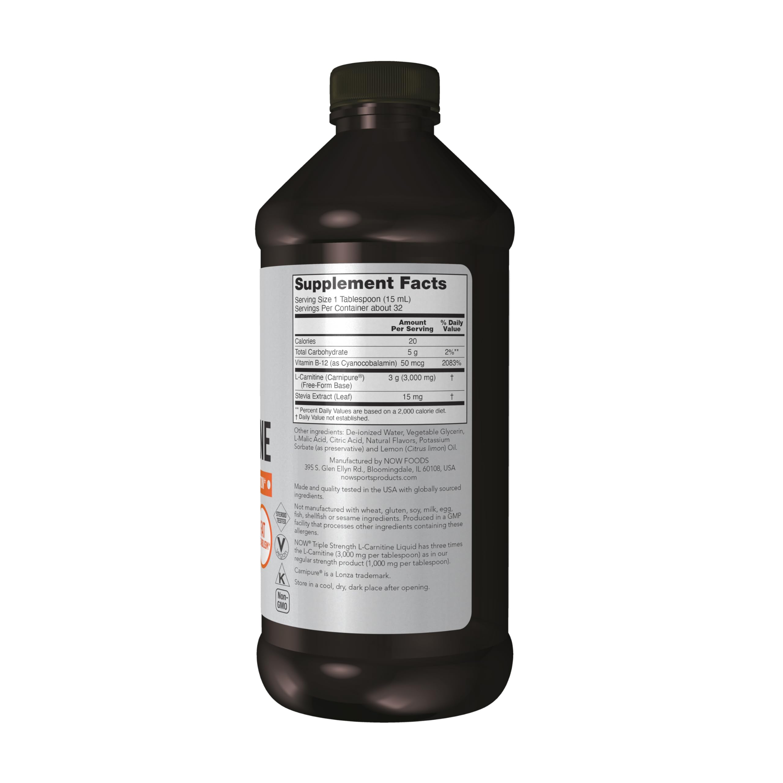 NOW Foods L-Carnitine Liquid 3000 mg pour-ready bottle supports easy hydration.