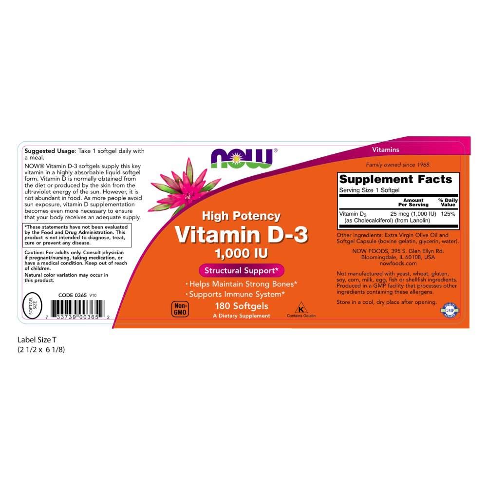 NOW Foods Now VIT D-3 1000IU label closeup showing dosage information.