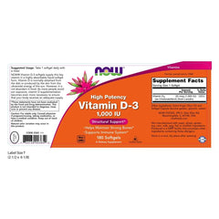 NOW Foods Now VIT D-3 1000IU label closeup showing dosage information.