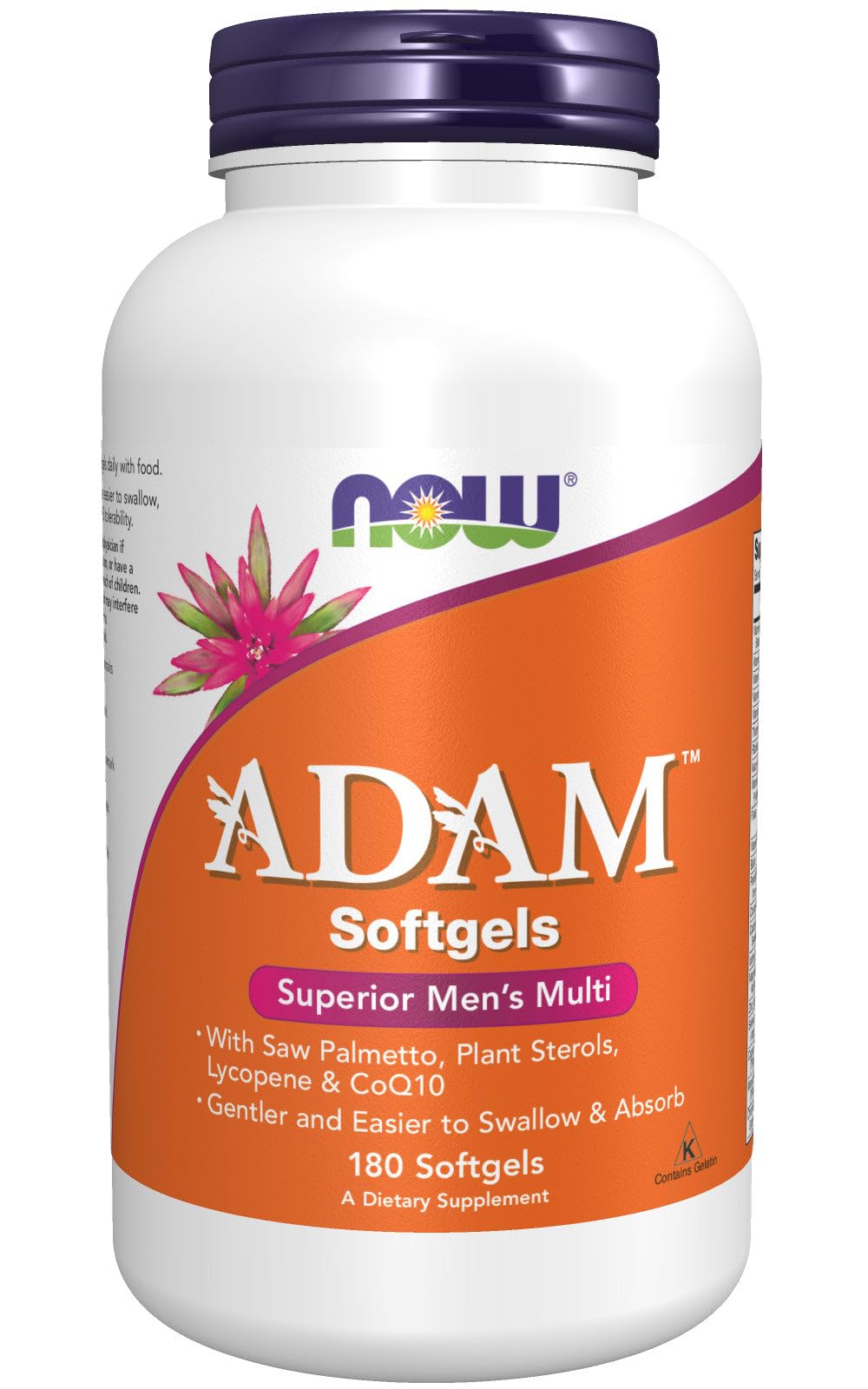 NOW Foods ADAM softgel bottle pours, convenient daily supplement for men's health.
