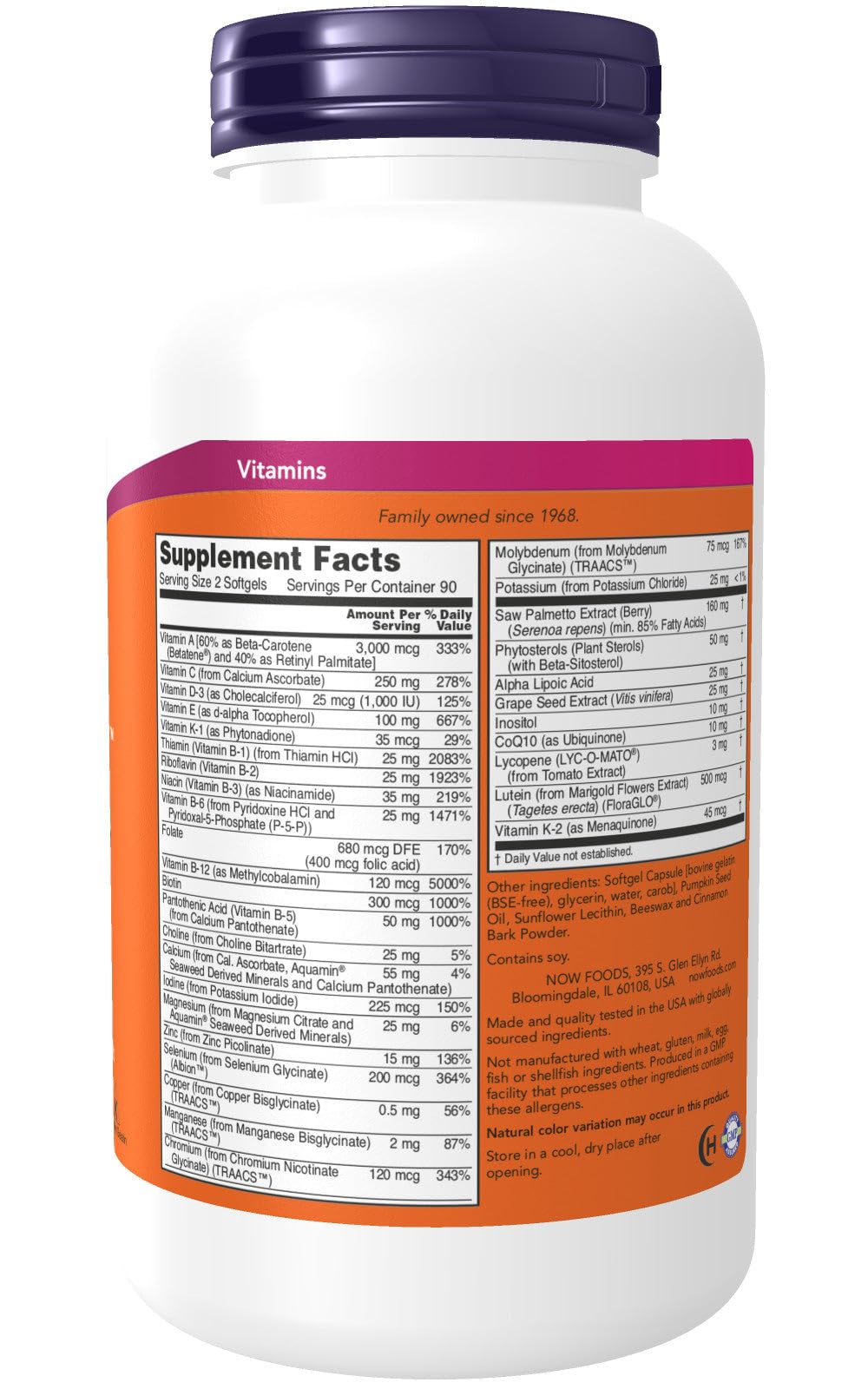 NOW Foods ADAM ingredients panel listing Saw Palmetto, Plant Sterols, Lycopene, CoQ10.