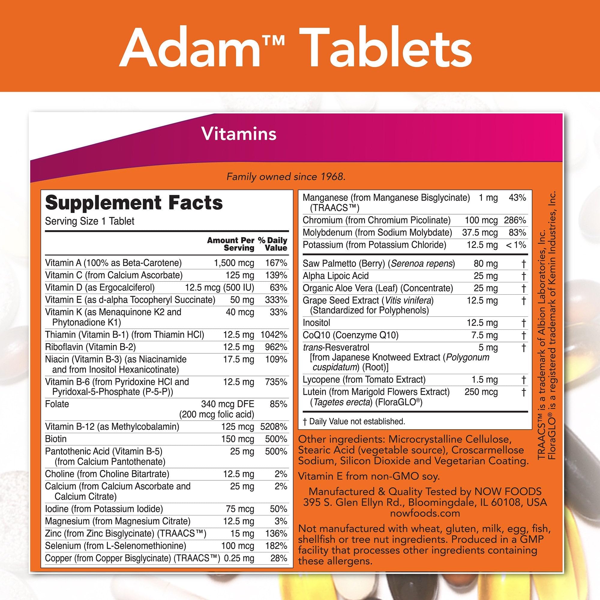 NOW Foods ADAM softgel close-up, easy-to-swallow capsules support GI comfort.