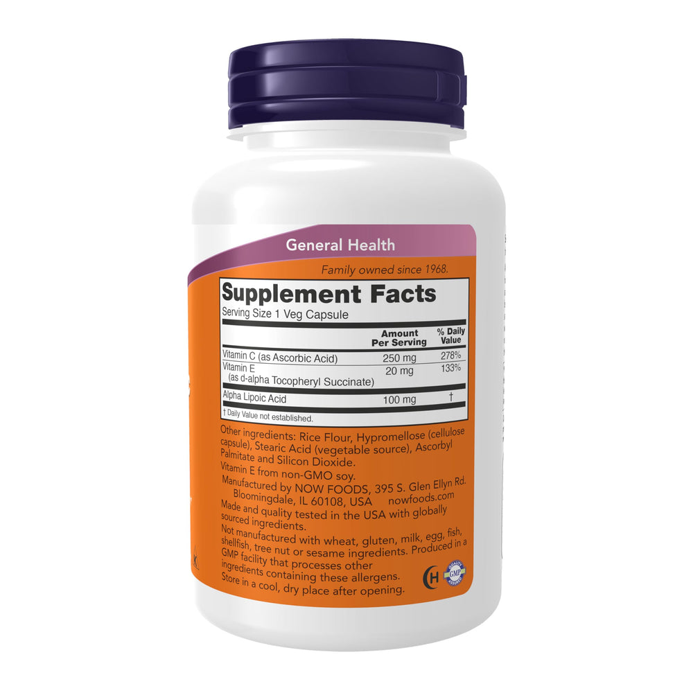 NOW Foods Alfa Lipoico 100 mg cápsulas vegetales primer plano con enfoque antioxidante