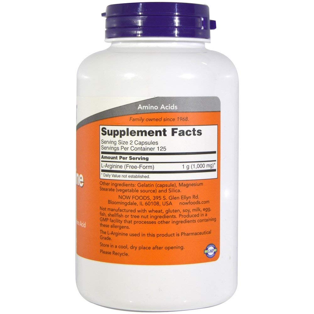 Now Foods L-Arginine 500 mg pack2 box on shelf for everyday nutrition.