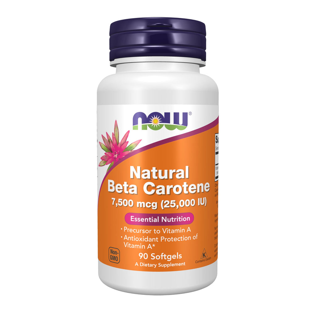 NOW Foods Beta Carotene 25,000 IU softgel bottle highlighting antioxidant support for daily wellness.