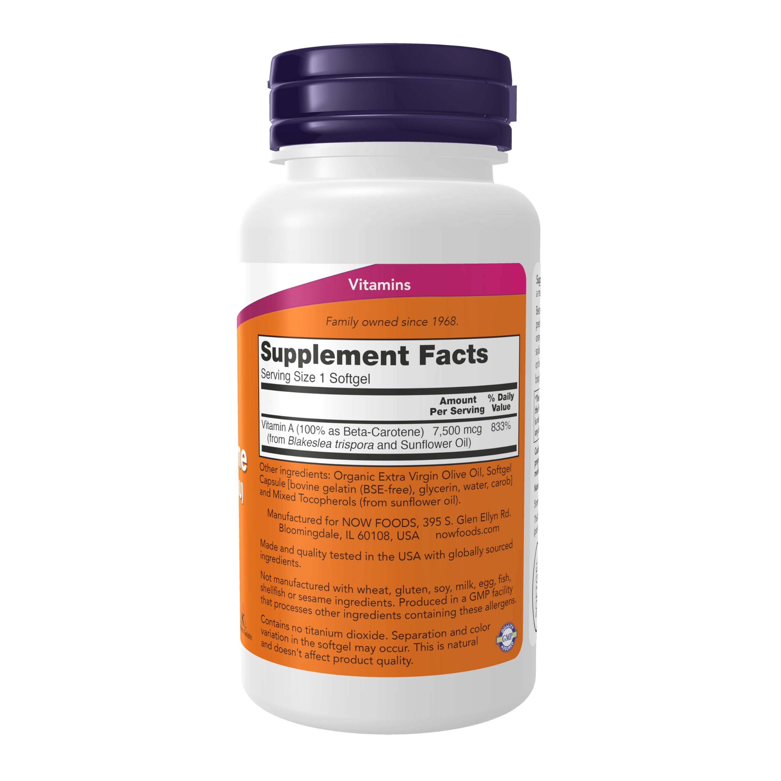 NOW Foods Beta Carotene 25,000 IU softgel label closeup showing natural color and no titanium dioxide.