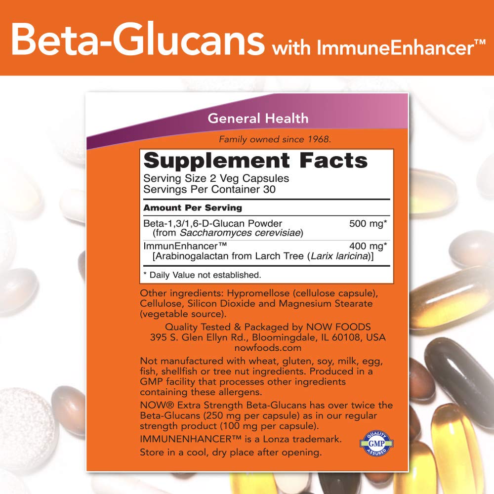 NOW Foods Beta-Glucans bottle label close-up showing ingredients and usage