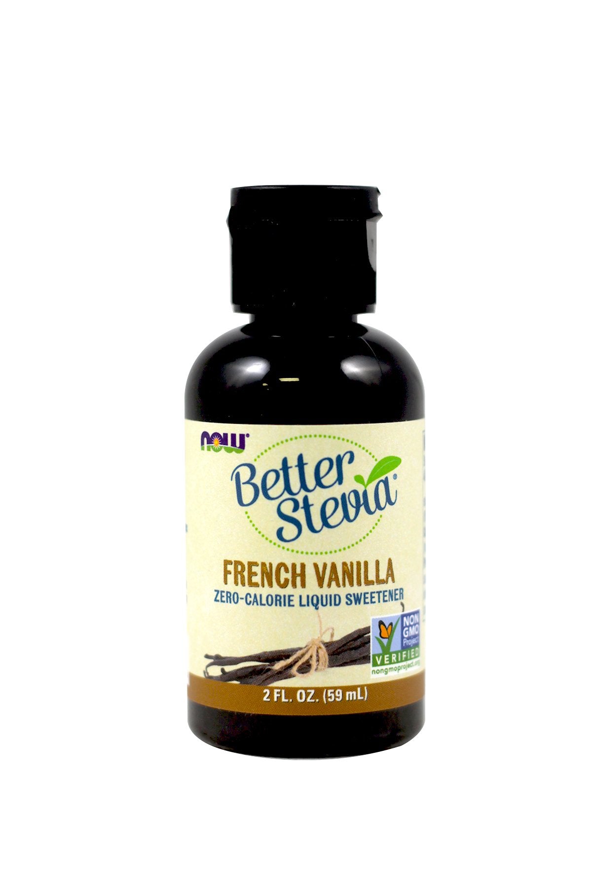 Now Foods BetterStevia Liquid Extract bottle pour demonstrates zero-calorie sweetness for drinks.