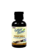 Now Foods BetterStevia Liquid Extract bottle pour demonstrates zero-calorie sweetness for drinks.