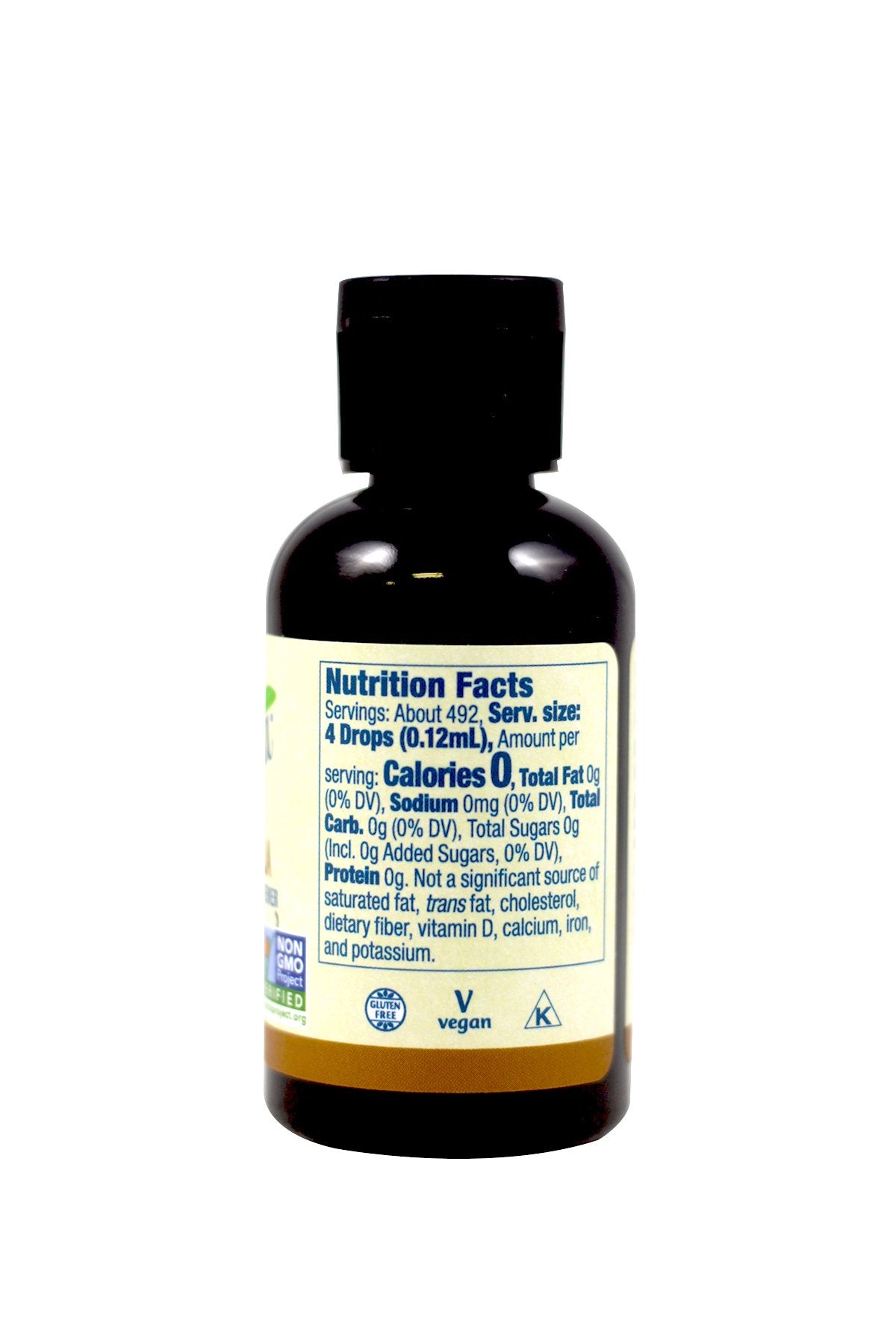 Now Foods BetterStevia Liquid Extract front label highlights organic stevia for natural sweetening.