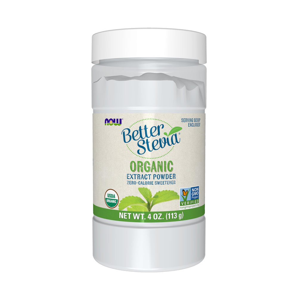NOW Foods BetterStevia Organic powder bottle – zero-calorie sweetness for keto-friendly meals.