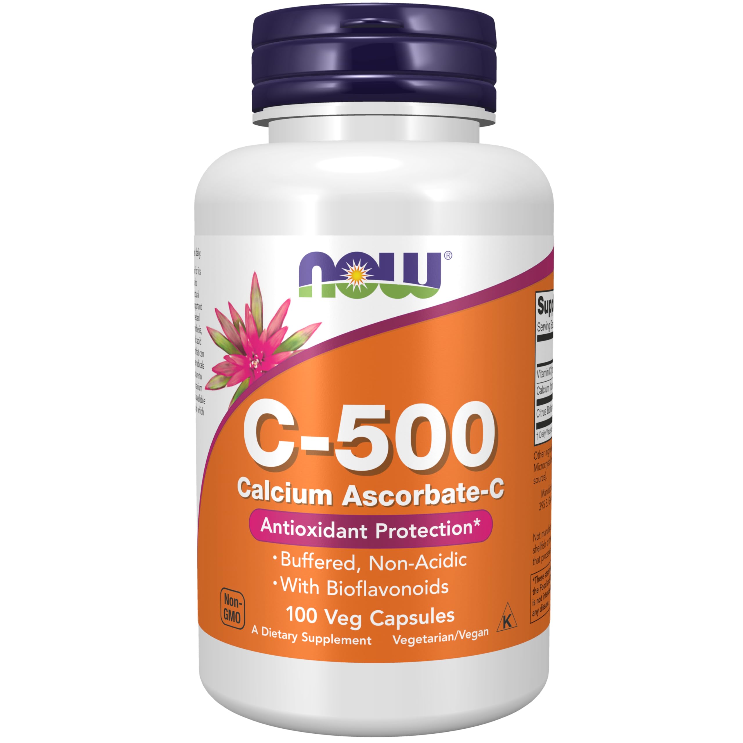 NOW Foods C-500 Calcio-ascorbato en botella para suplementación diaria.