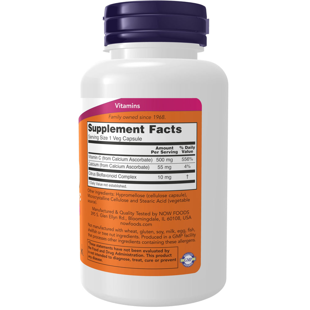 NOW Foods C-500 Calcio-ascorbato etiqueta con información de producto.