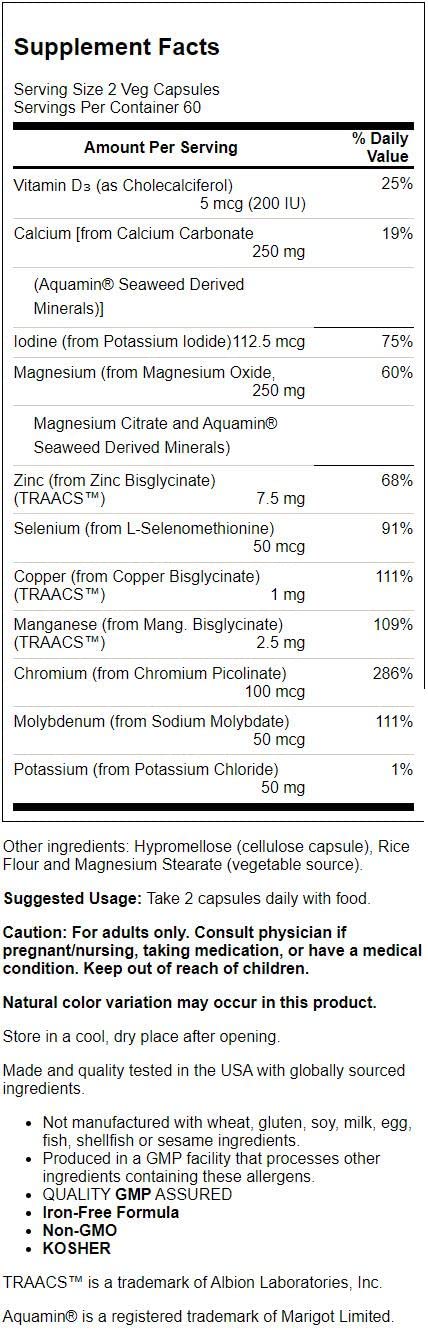 NOW Foods Full Spectrum Mineral Caps label close-up shows iron-free formula