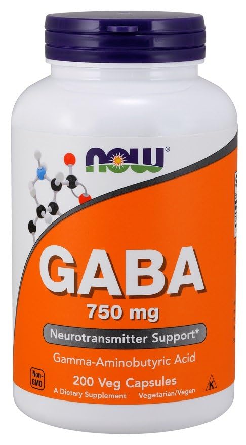 NOW Foods GABA 750 mg bottle on a desk suggesting a calm daily routine.