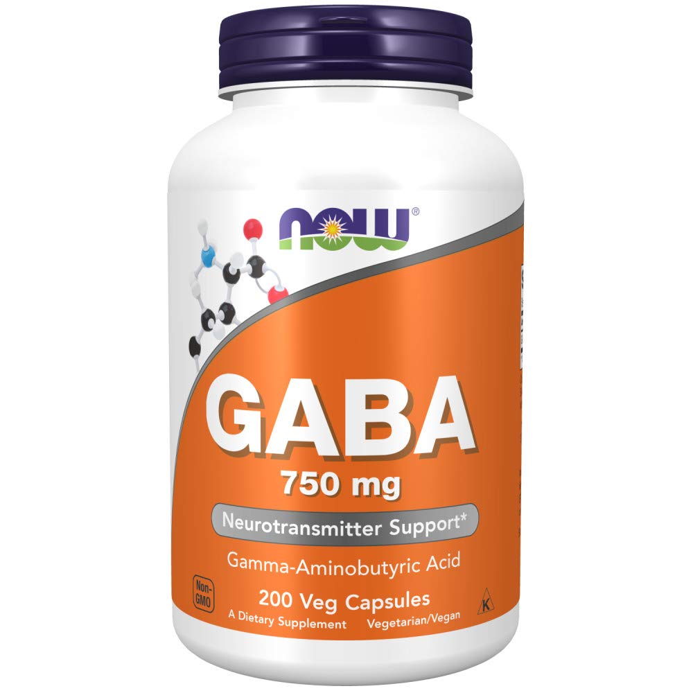 NOW Foods GABA 750 mg bottle displayed on a clean surface for daily relaxation support.