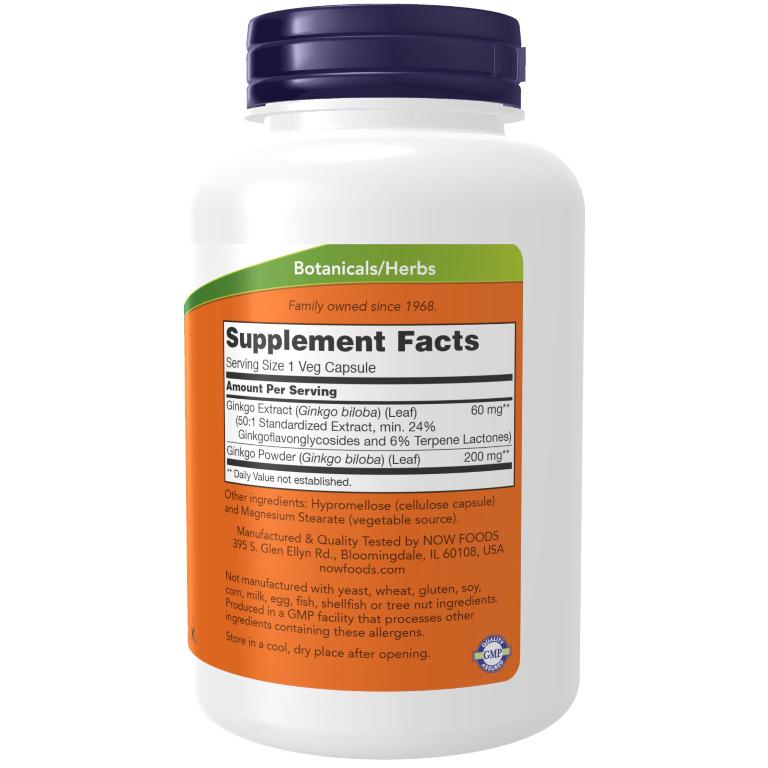 NOW Foods Ginkgo biloba 24% extract label close-up highlighting potency