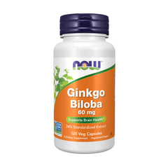 NOW Foods Ginkgo Biloba 60 mg bottle with vegan capsules for daily focus.