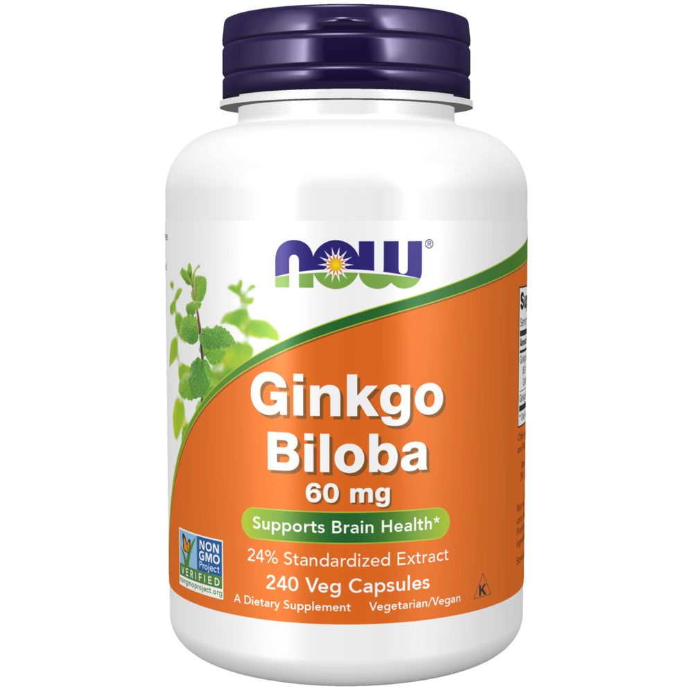 NOW Foods Ginkgo biloba 60 mg capsule close-up for daily cognitive support