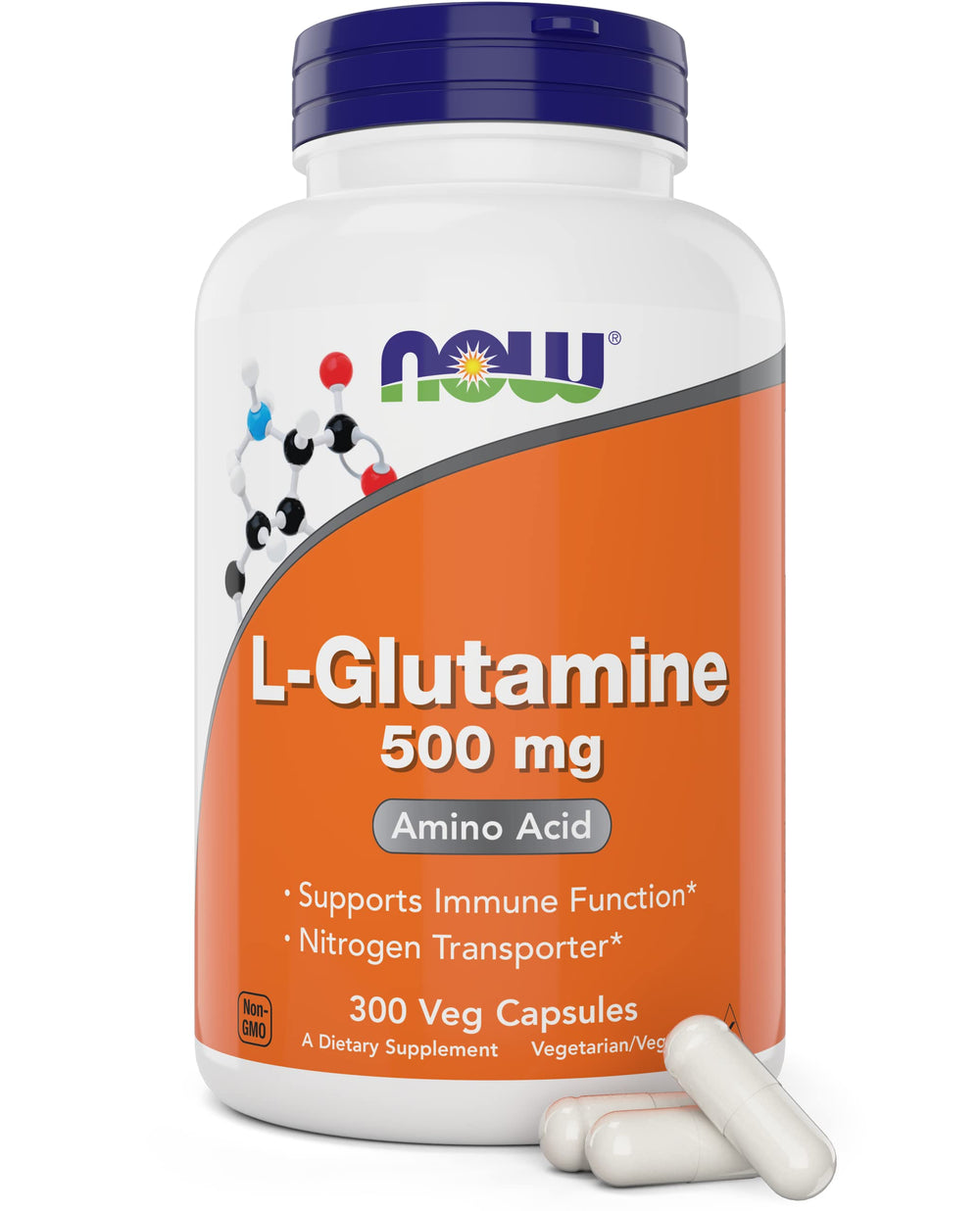 NOW Foods L-Glutamine capsules bottle on a clean surface for convenient post workout support