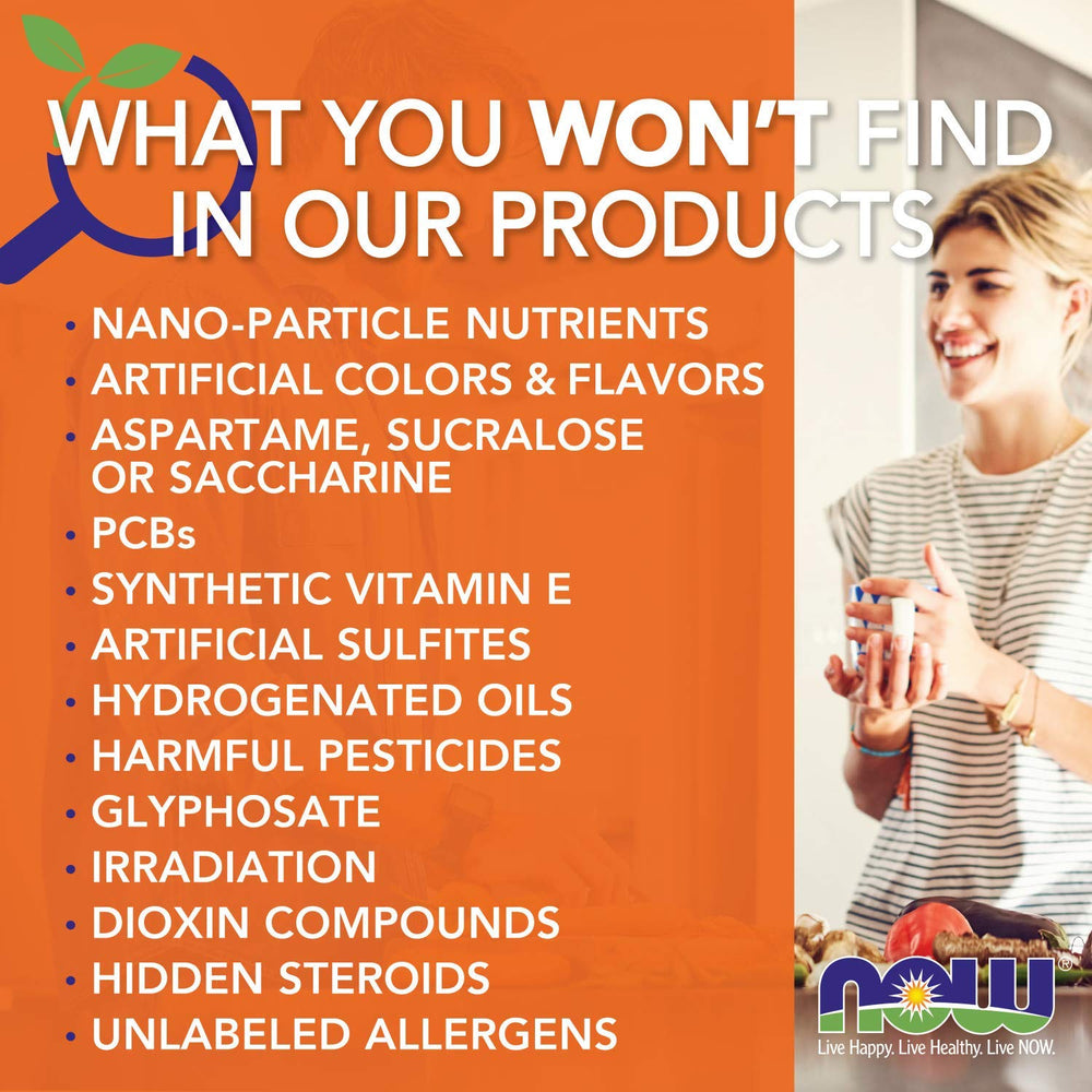 Label close-up of NOW Foods L-Glutamine capsules highlighting quality features