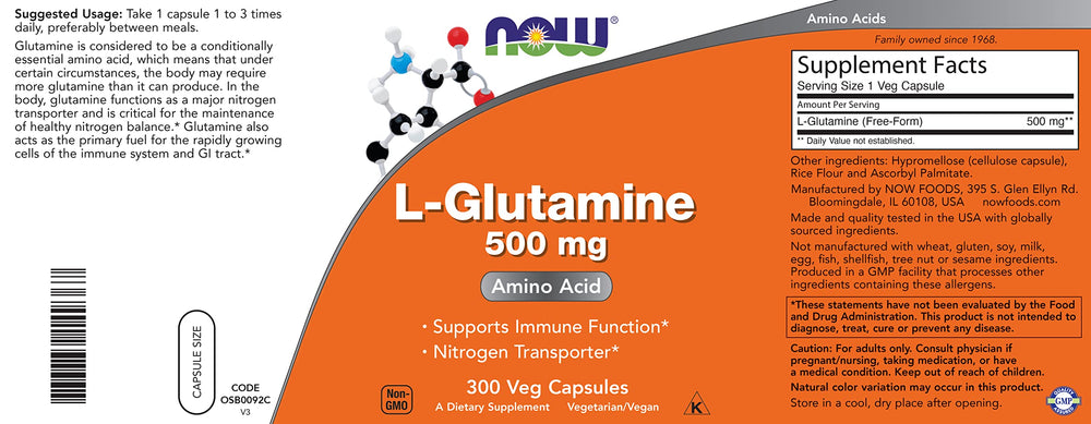 NOW Foods glutamine capsules on a gym bag showing portable supplement use