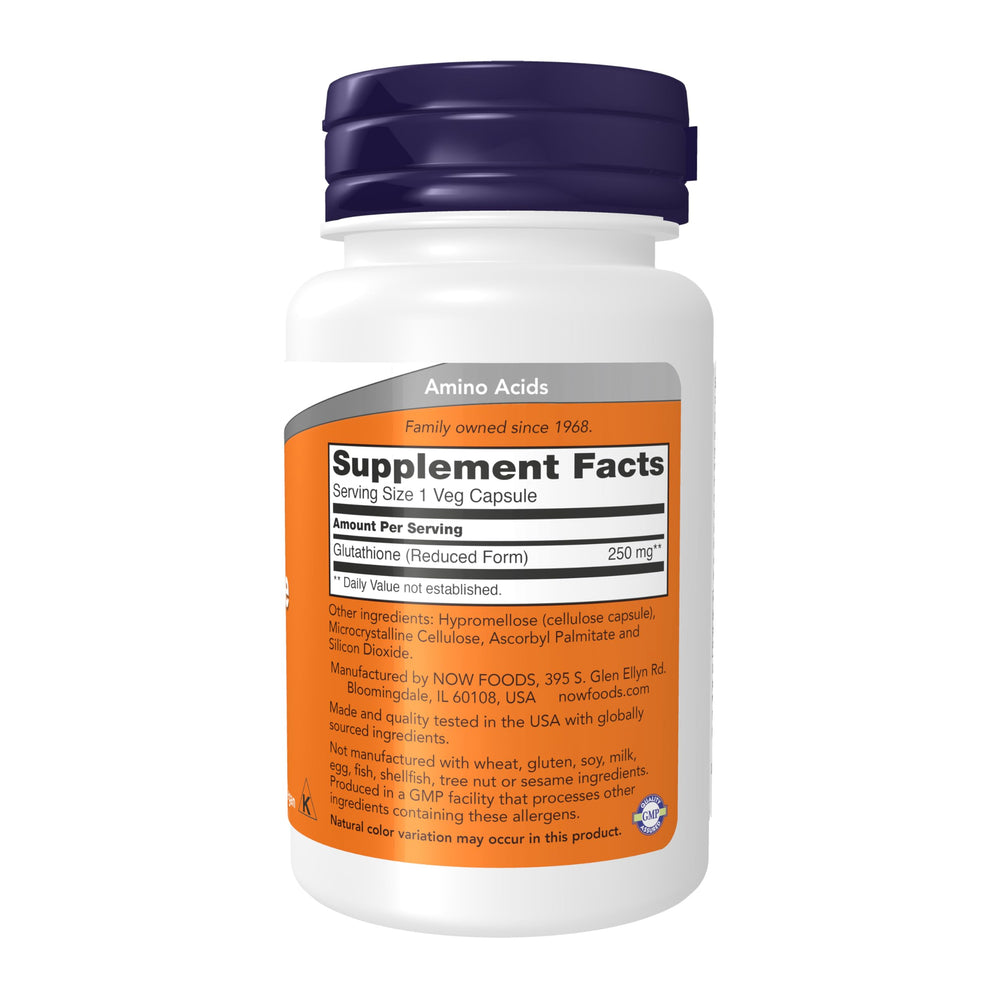 NOW Foods Glutathione 250 mg bottle label closeup highlights reduced active form.