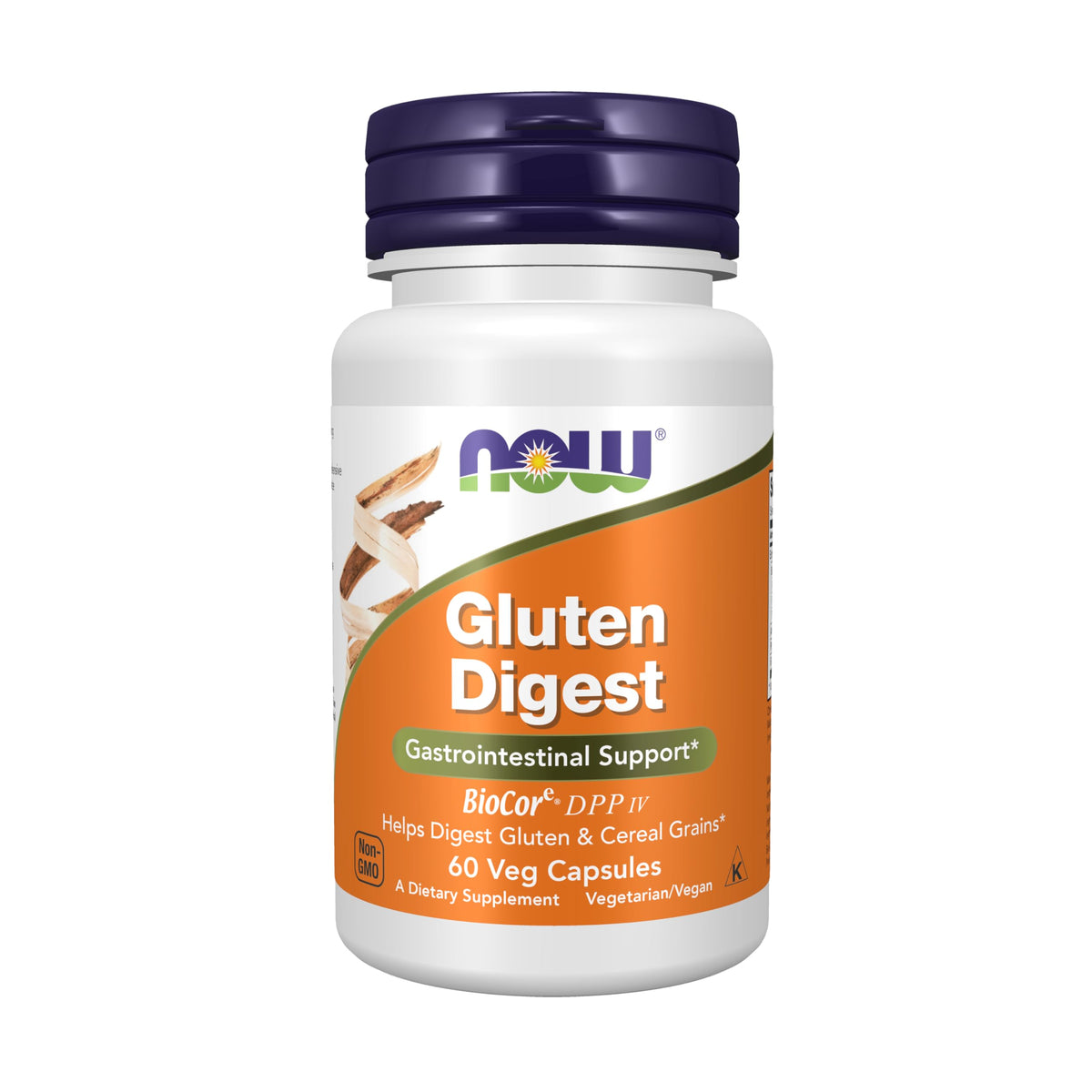 NOW Foods Gluten Digest bottle label highlights BioCore DPP IV for gluten digestion.