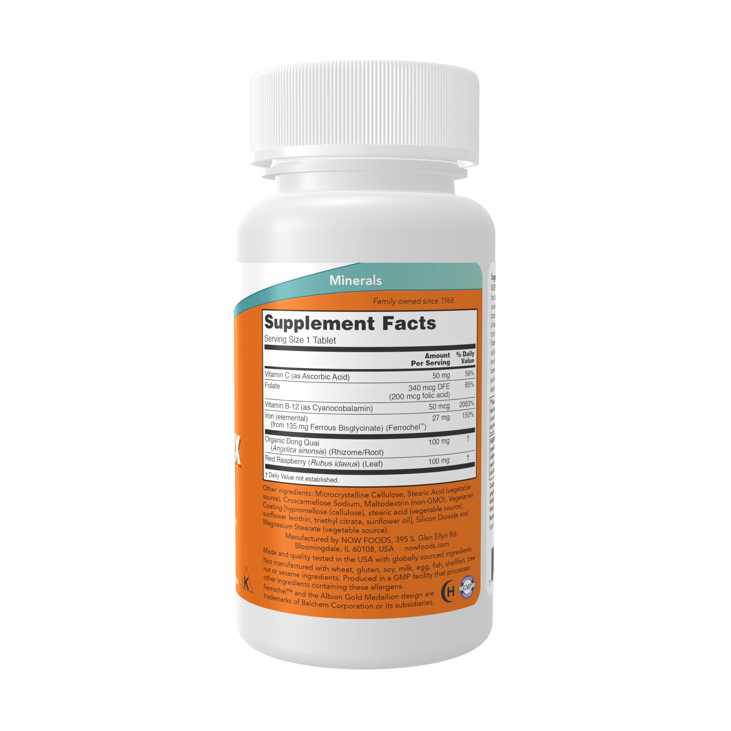 NOW Foods Iron Complex bottle back shows supplement facts and co-nutrients.