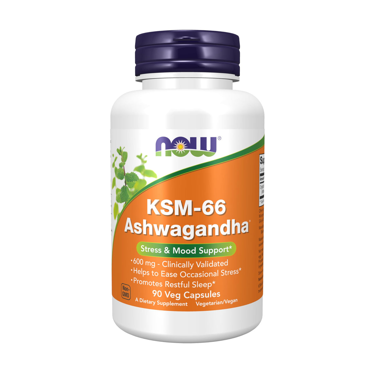 NOW Foods KSM-66 Ashwagandha bottle highlights full-spectrum extract for daily balance.