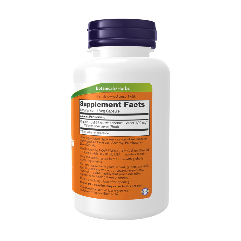 NOW Foods KSM-66 capsules close-up emphasizes convenient daily stress and sleep support.