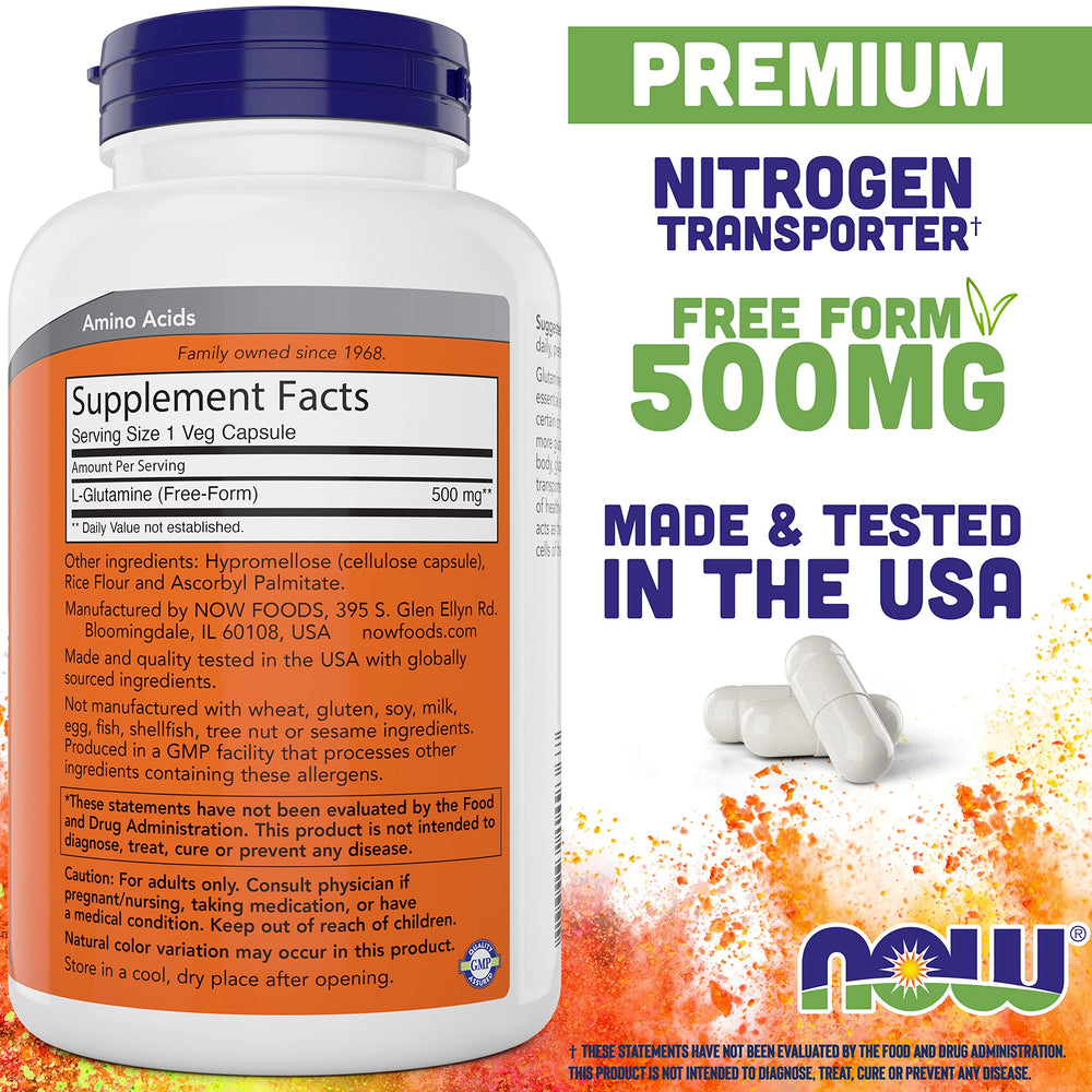 Close-up of NOW Foods L-Glutamine 500 mg capsules for easy on the go use