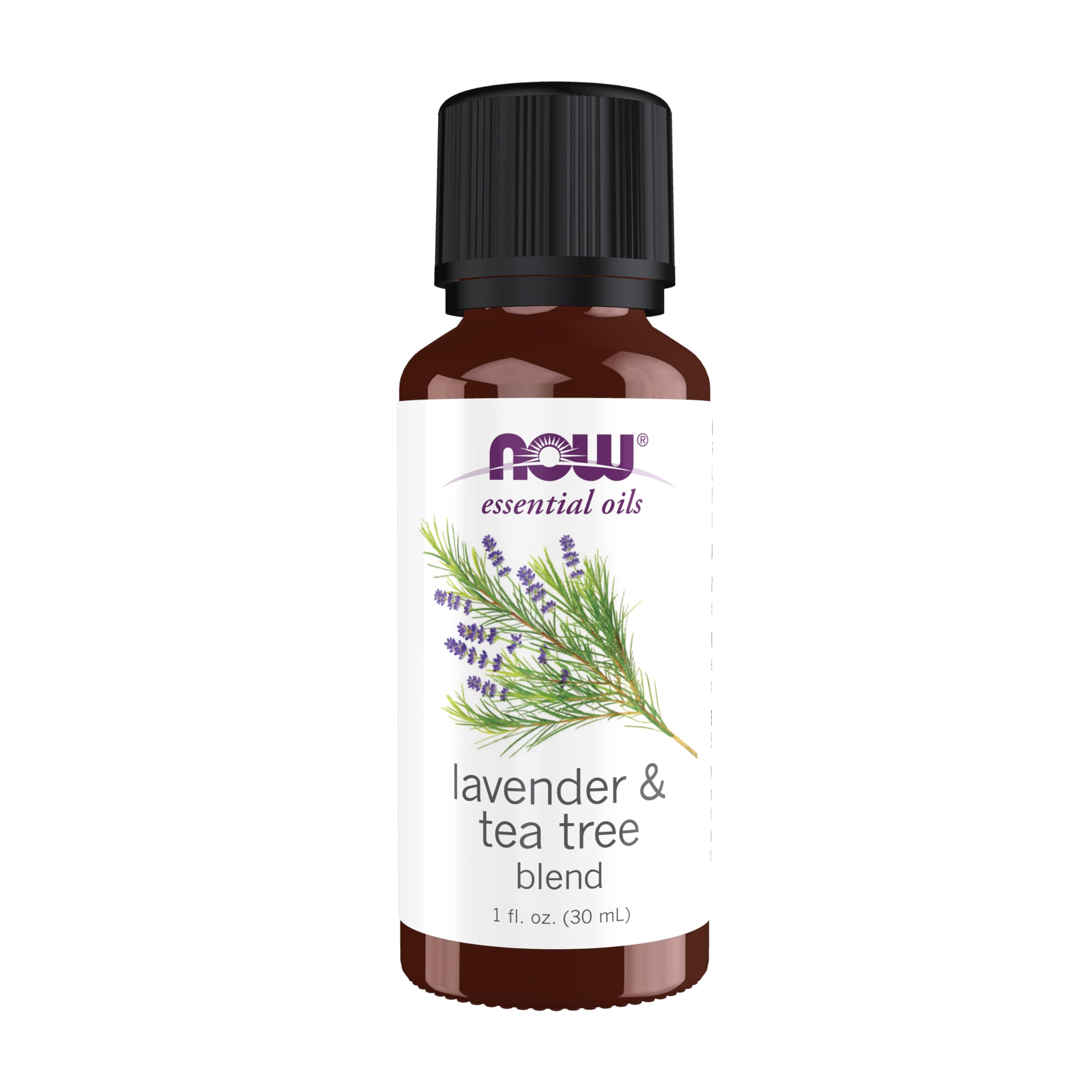 NOW Foods lavender-tea-tree-oil bottle for calming aromatherapy at home.