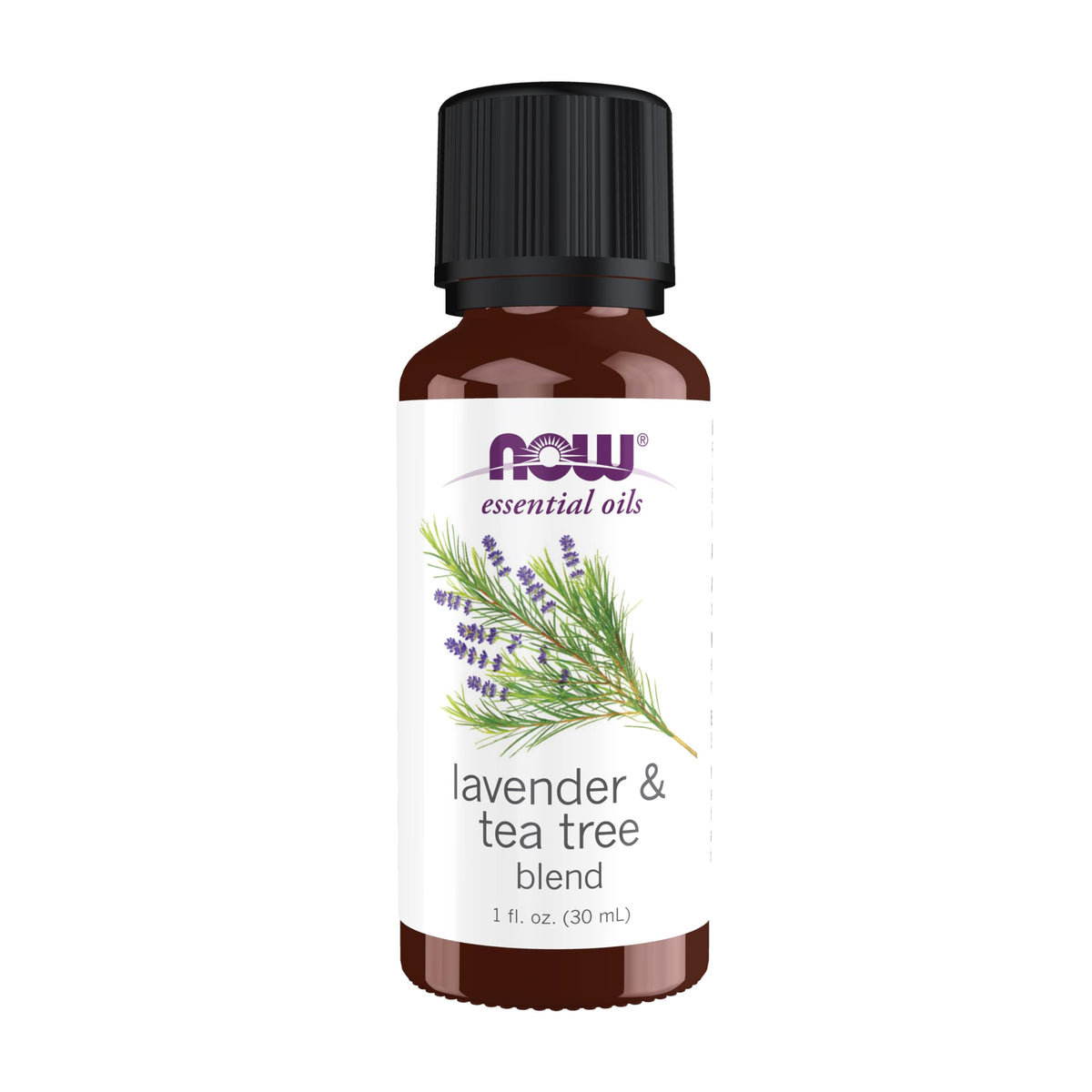 NOW Foods lavender-tea-tree-oil bottle for calming aromatherapy at home.
