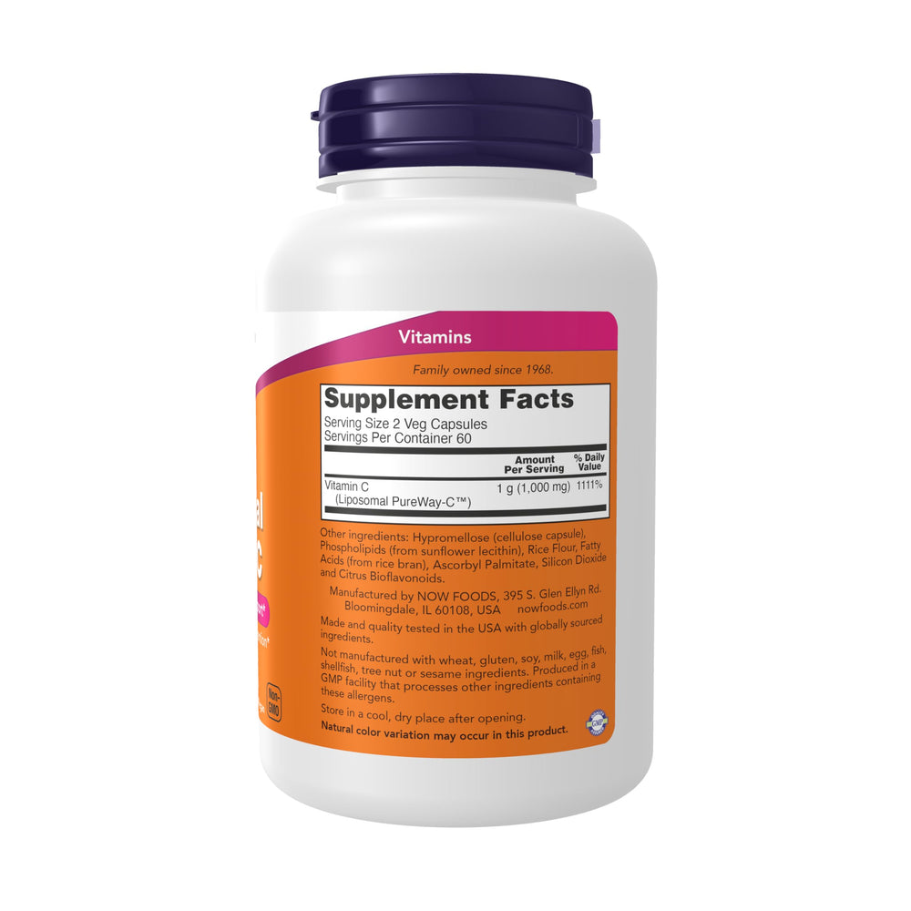 NOW Foods Liposomal Vitamin C capsules close-up highlighting easy daily use